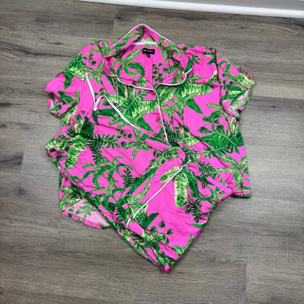 Room Service PJ Pajama Set Pink & Green Palm XXL Cozy Soft Loungewear Tropical - Picture 2 of 12